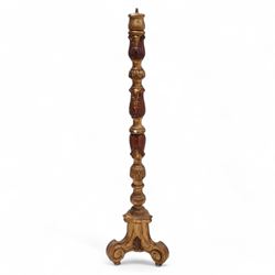 Italian design giltwood standard lamp stand, turned and foliage carved stem, on triangular base with scroll carved supports 