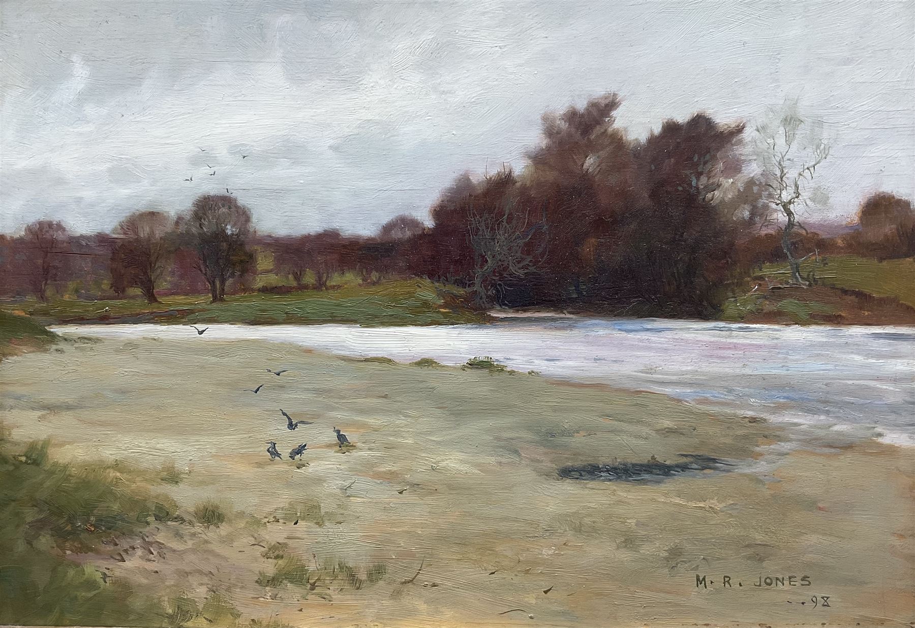 Maud Raphael Jones (British 1862-1935): Birds on the Riverbank in Autumn, oil on board signed and dated '98, 24cm x 34cm 