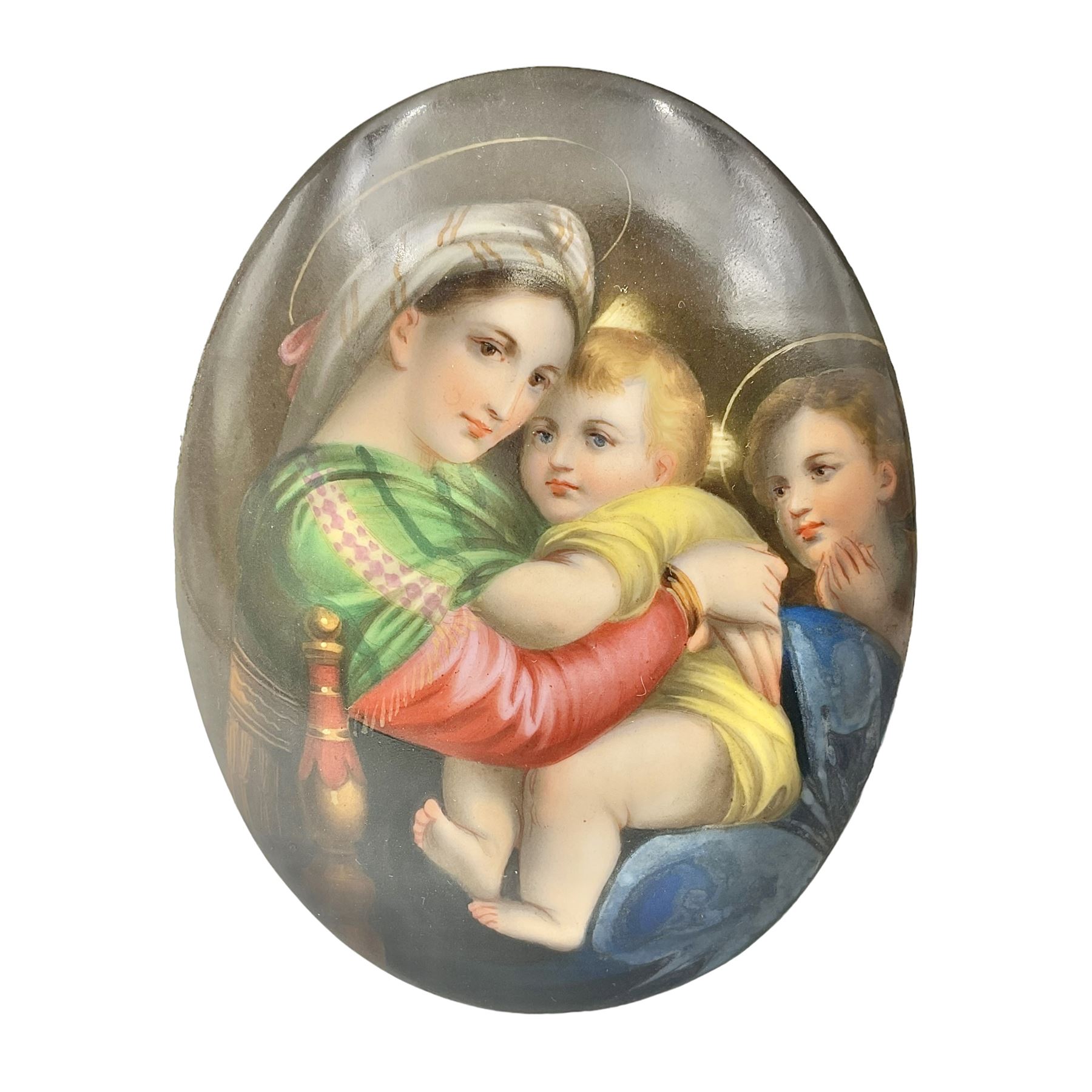 19th century Continental porcelain plaque, of oval form, painted with the Madonna and Child after Raphael, unmarked, possibly KPM, H12cm W9cm 