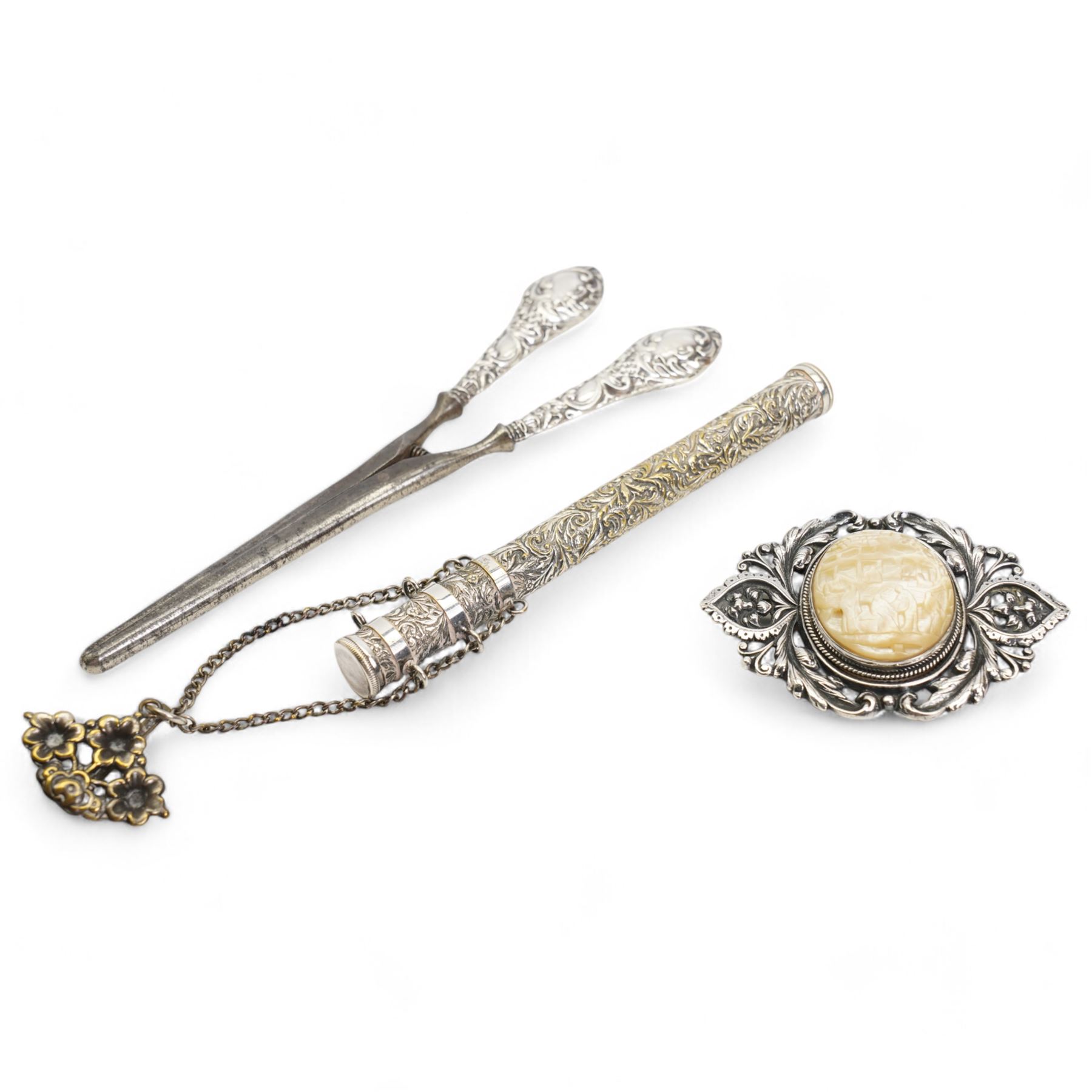 Various silver and plated items including button hook, glove stretcher, comb, vesta case, chatelaine, filigree card case and small box, snuff box, two miniature prayer books with silver covers etc