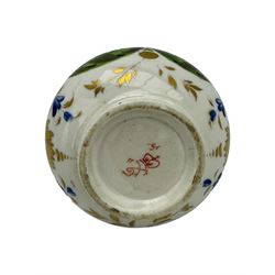 Early 19th century Derby porcelain to include a campana form inkwell, small bottle form vase, twin handled vase and flared rim vase, hand painted with a landscape scene, H10cm (4)