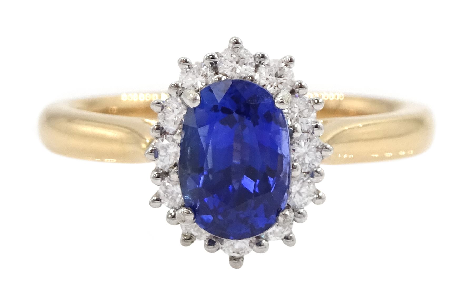 18ct rose gold oval cut sapphire and round brilliant cut diamond cluster ring, hallmarked, sapphire approx 1.25 carat