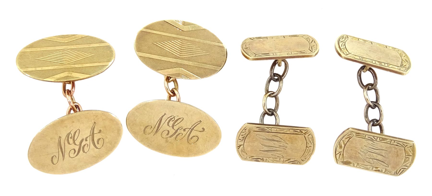 Two pairs of 9ct gold cufflinks, initialed JW and NGA