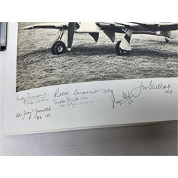 Pair of unframed montages each with images of four WWII fighters with multiple signatures in the bottom margin 42 x 58cm; loose leaf album containing various photographs and signatures, predominantly airmen, including two 1960s menu programmes for the Victoria Cross and George Cross Associations each bearing multiple signatures, limited edition Battle of Britain etc; two WWII Regimental photographs; various military related booklets etc