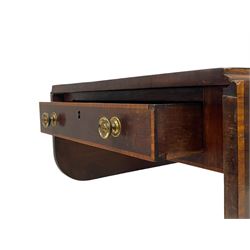 Early 19th century mahogany Pembroke table, rectangular drop-leaf top with rounded corners inlaid satinwood bands, single end drawer and opposing false drawer, turned pedestal on four acanthus carved and reed moulded splayed supports, cast brass cups and castors 