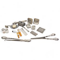 Various silver and plated items including button hook, glove stretcher, comb, vesta case, chatelaine, filigree card case and small box, snuff box, two miniature prayer books with silver covers etc