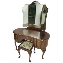 Early 20th century Dutch design mahogany kidney-shaped dressing table, raised triple mirror back, fitted with central frieze drawer flanked by four graduating drawers, on cabriole supports, with stool