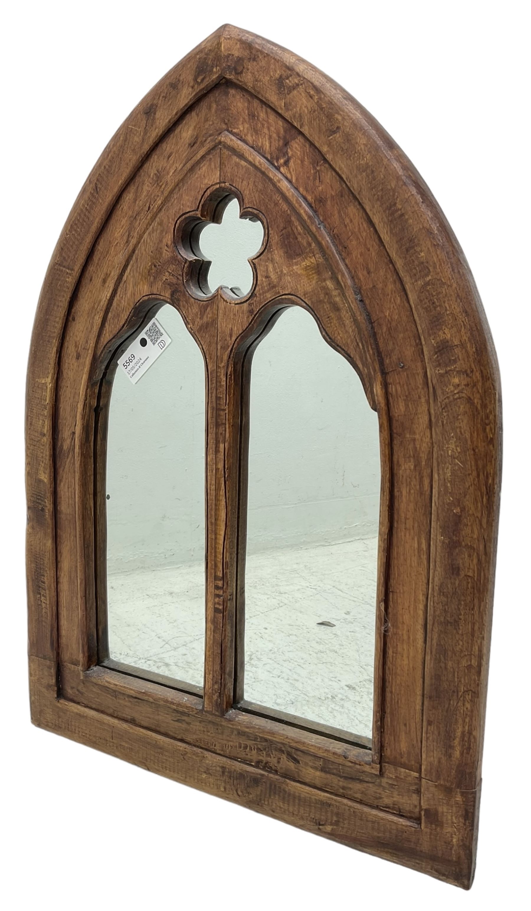 Rustic hardwood lancet shaped wall mirror