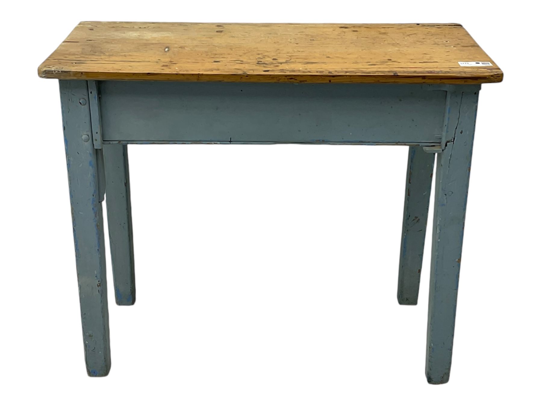 Rustic pine side table, blue painted base