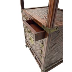 Chinese design bamboo and wood what-not or etagere, parquetry lattice-work bamboo, three tiers over two small drawers and cupboard