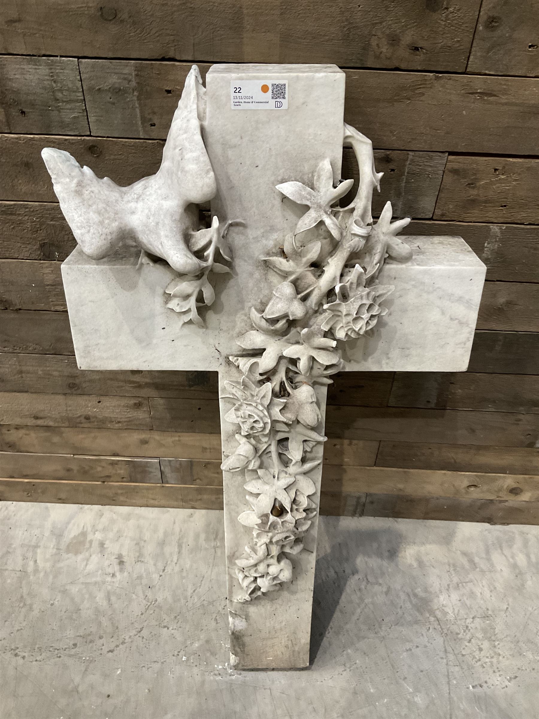 20th century marble crucifix, set with peace dove and wreath