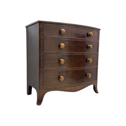 Victorian mahogany bow-fronted chest, fitted with four long graduating cock-beaded drawers, shaped apron on splayed bracket feet