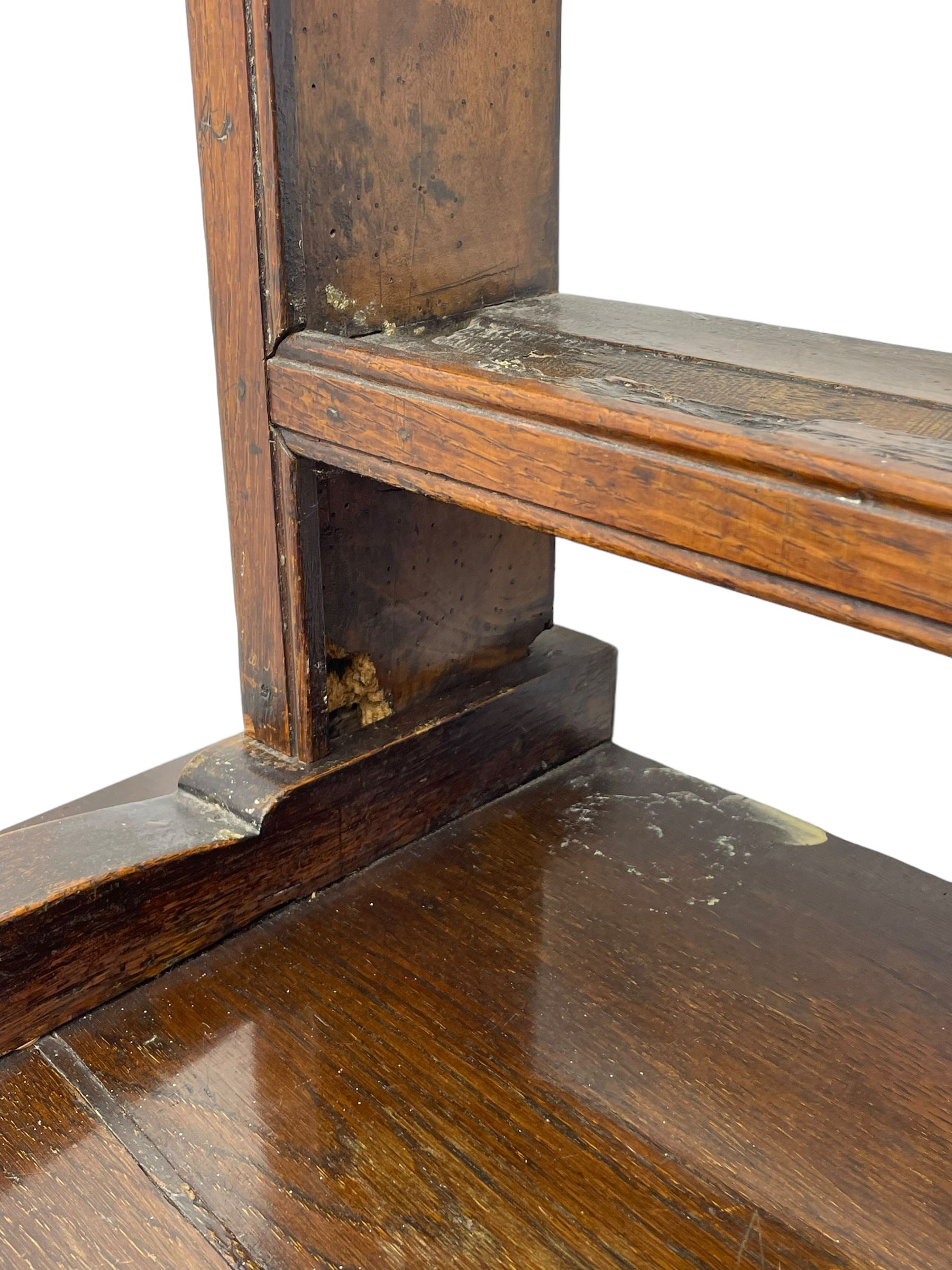 18th century oak dresser, raised three tier plate rack with moulded cresting rail, rectangular top over three drawers, the drawer fronts with moulded edges, turned supports united by pot board base 