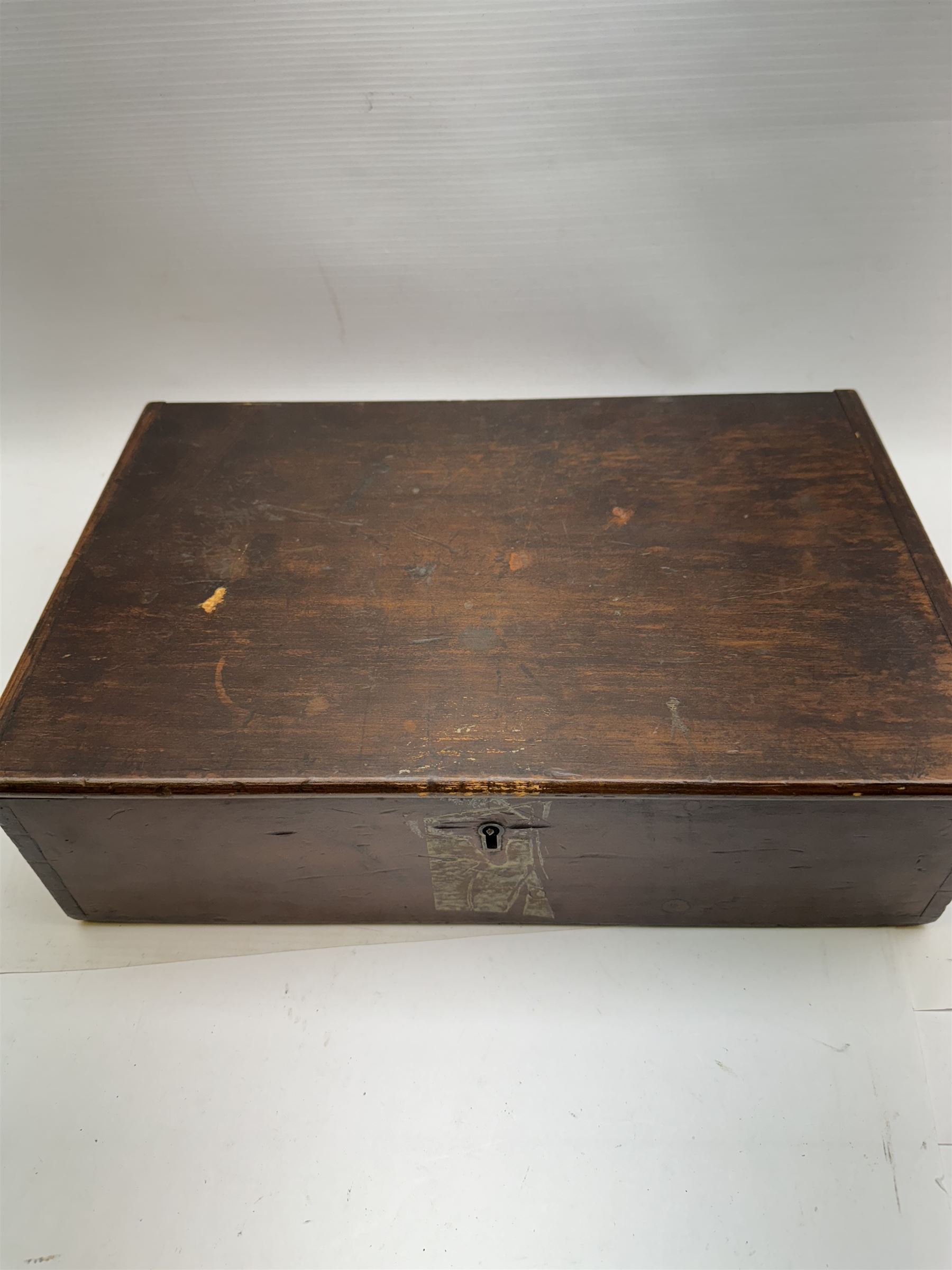 Wooden storage box, with hinged lid, marked Manchester to one side, H11cm, L38cm, D25cm 