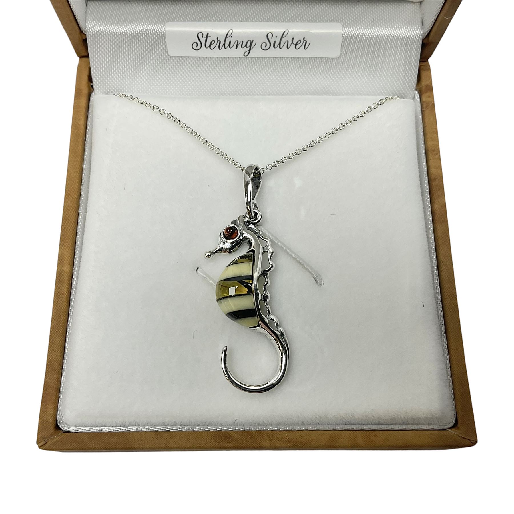 Silver Baltic amber seahorse pendant necklace, stamped 925, boxed 