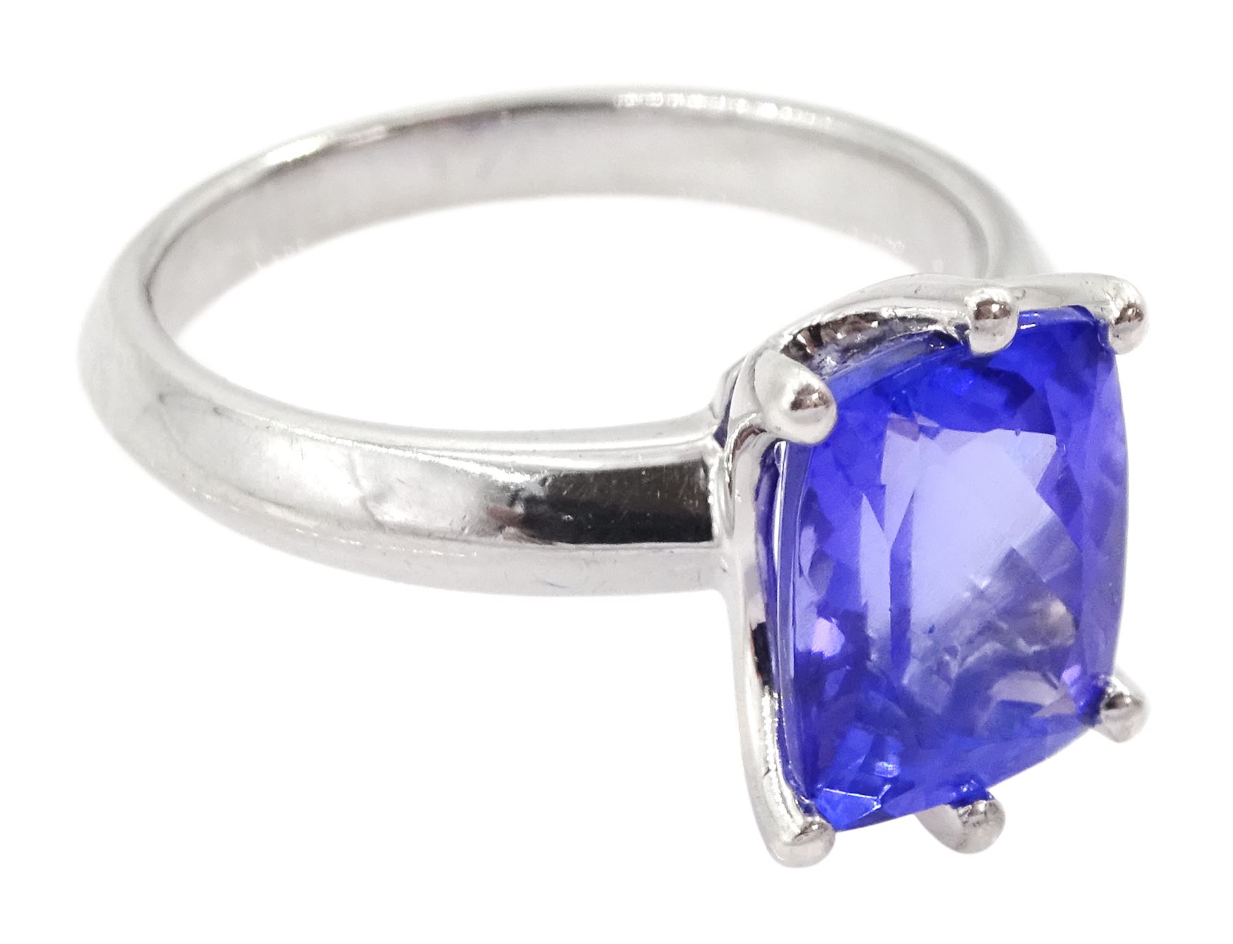 Silver single stone radiant cut tanzanite ring, stamped 925, tanzanite 3.46 carat