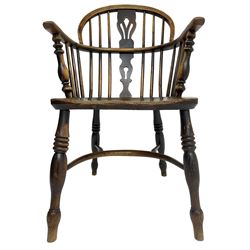 19th century elm and ash Windsor armchair, low double hoop and stick back with shaped and pierced splat, on turned supports united by crinoline stretcher