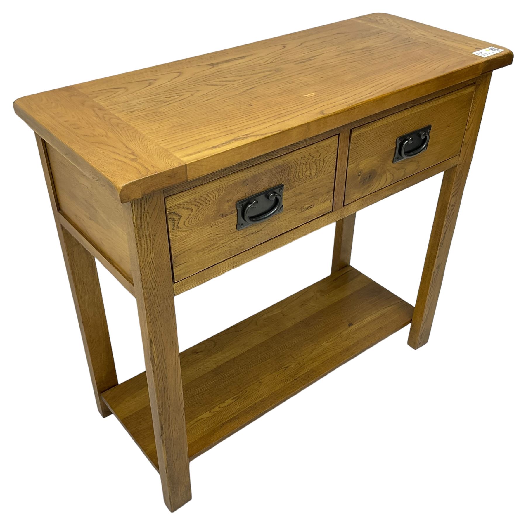 Light oak console table, rectangular top over two drawers, on rectangular supports united by under-tier