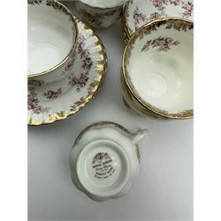 Royal Albert Dimity Rose pattern tea service for six place settings, including teapot, teacups and saucers, sugar bowl and two milk jugs, all with printed mark beneath