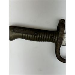 WWI French Chassepot Sword bayonet 57cm steel blade inscribed to the back-edge 'Tulle Juillet 1874', the cross-guard with indistinctly impressed number, in its steel scabbard, L71cm