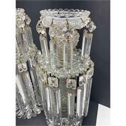 Pair of Victorian clear glass lustres, each with two tiered cut glass bowls supporting cut clear glass lustre drops upon central hobnail cut stem, H29cm