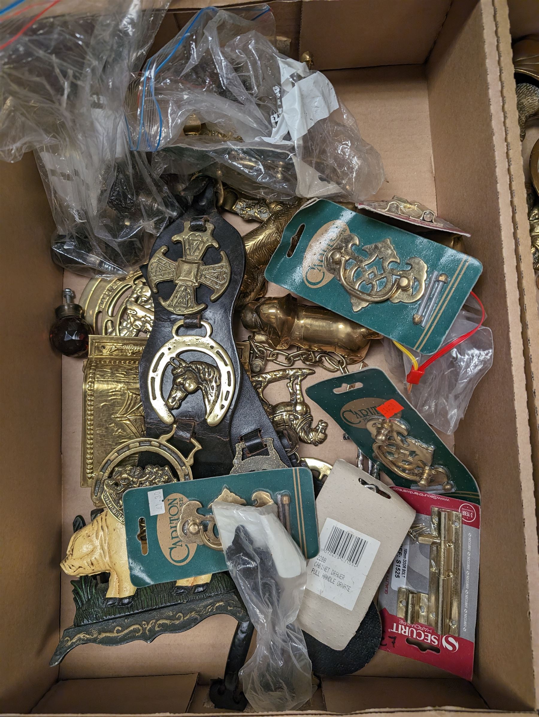 Collection of brassware, including animal figures, chamber sticks, Waterloo ashtray, FAL Bugatti Tip, door handles, door locks and other metalware