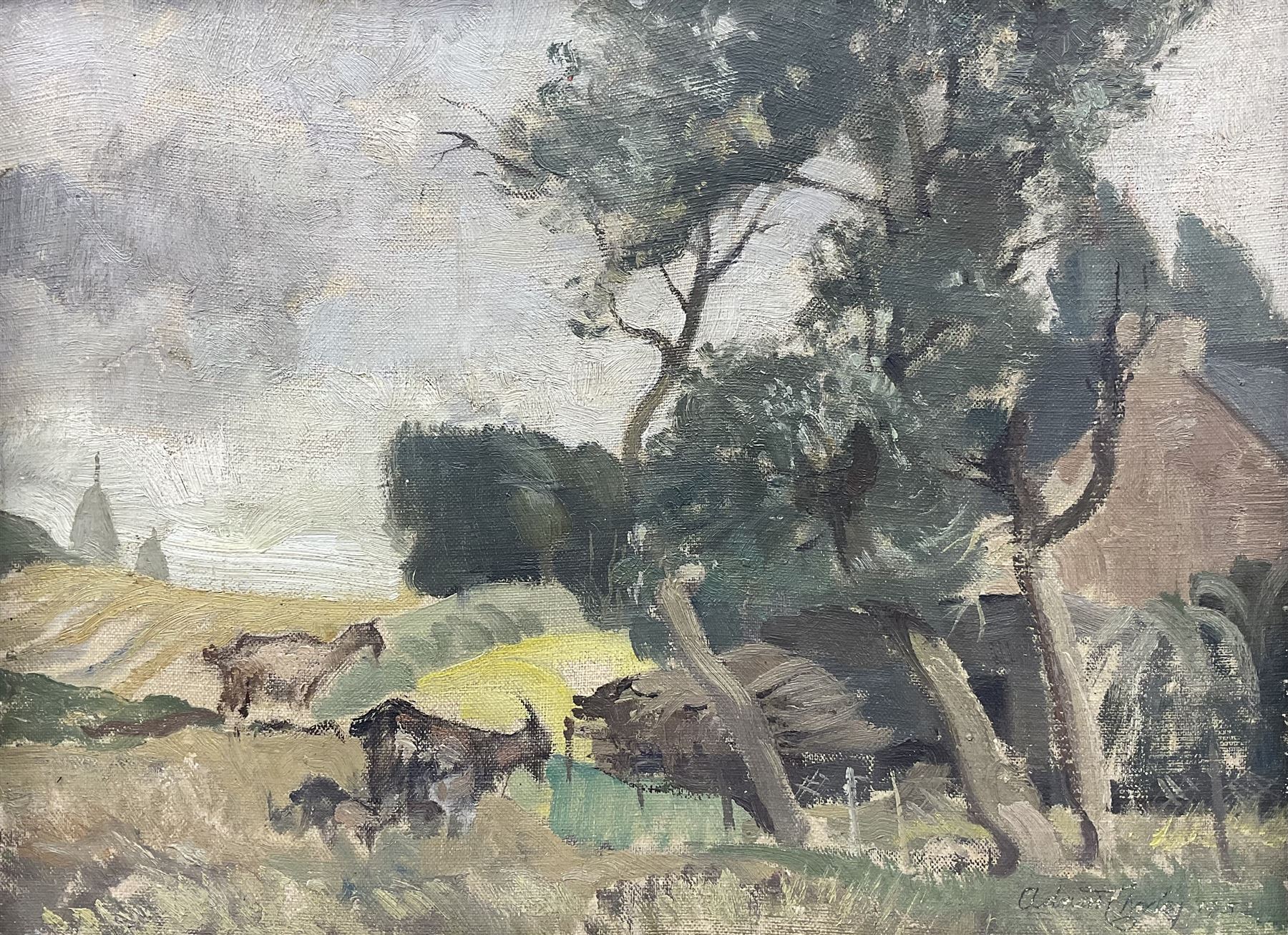 Adrian Chorley (British 1906-1983): 'Breton Landscape' Billy Goats Grazing, oil on board signed, artist's address label verso 29cm x 40cm