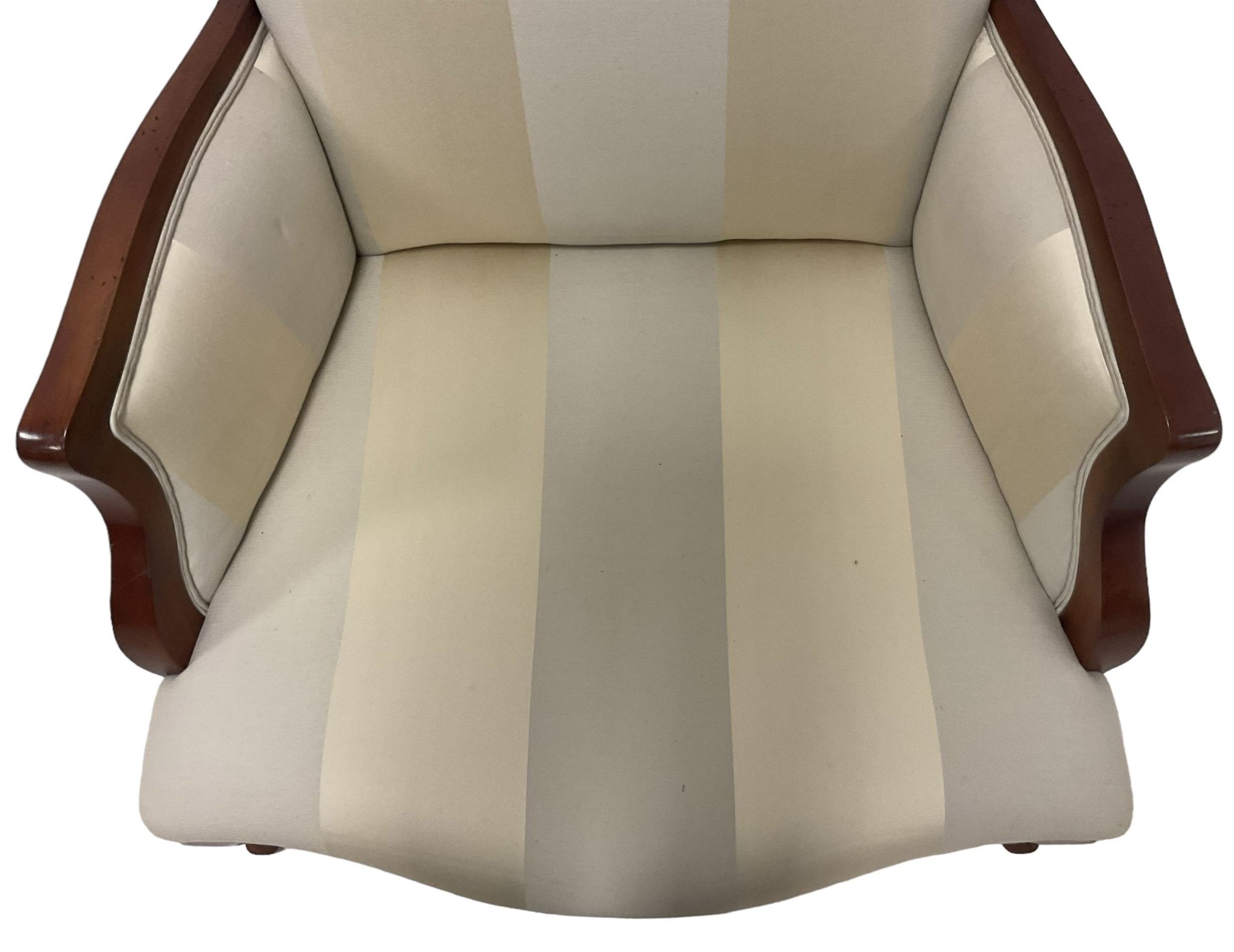 Duresta - French design hardwood-framed wide-seat armchair, shaped cresting rail over curved arms, upholstered in two-tone off-white striped fabric with loose seat cushion, shaped apron and cabriole feet 