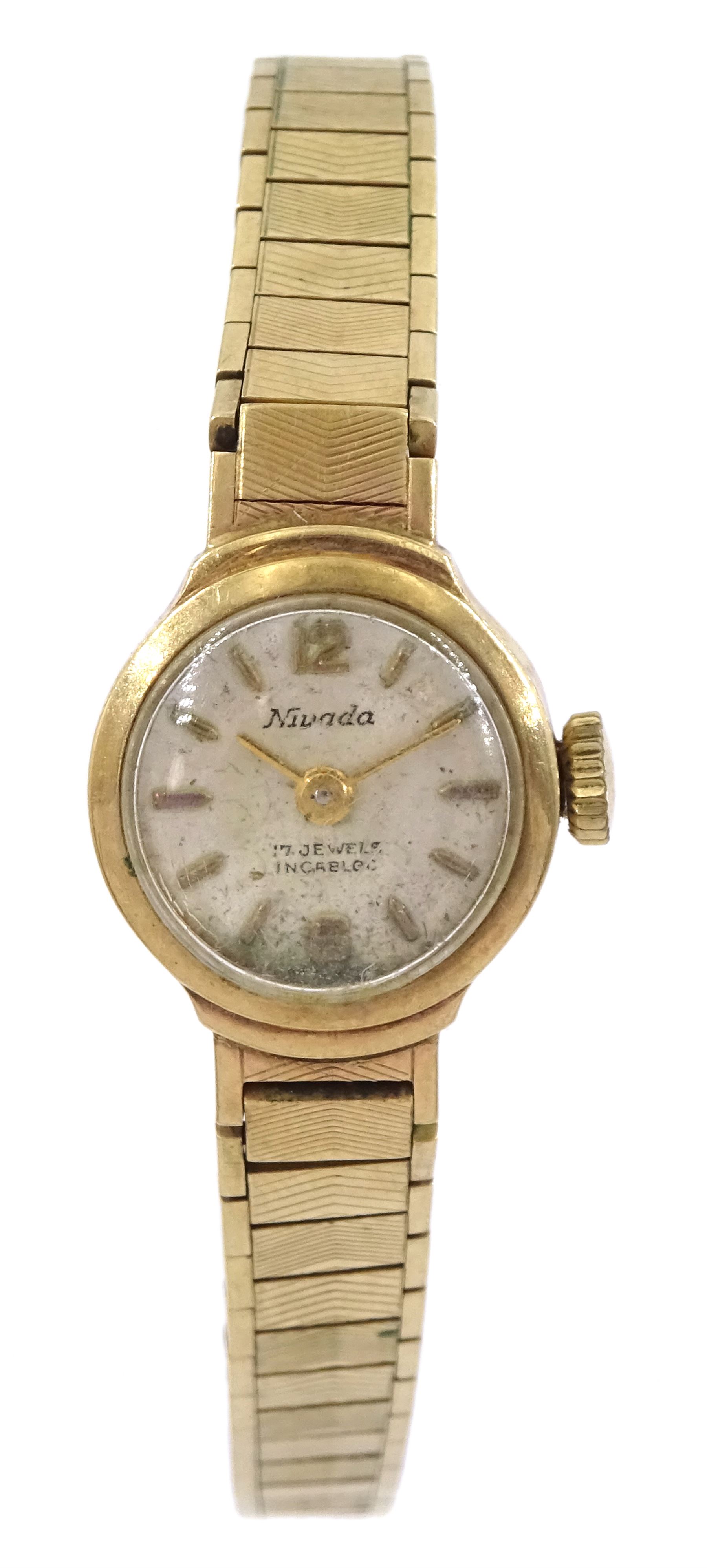 Nivada ladies 9ct gold manual wind wristwatch, on integral 9ct gold bracelet, hallmarked