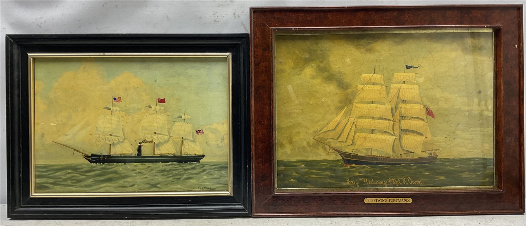 English School (20th Century): Ship's Portraits - 'City of New York' and 'Brig Fletwing at Portmadoc', two oils on panel 36cm x 51cm and 40cm x 57cm (2)