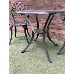 Green painted aluminium circular garden table and two chairs - THIS LOT IS TO BE COLLECTED BY APPOINTMENT FROM DUGGLEBY STORAGE, GREAT HILL, EASTFIELD, SCARBOROUGH, YO11 3TX