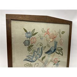 20th century framed crewelwork embroidery, depicting foliate and birds, H64, W55cm