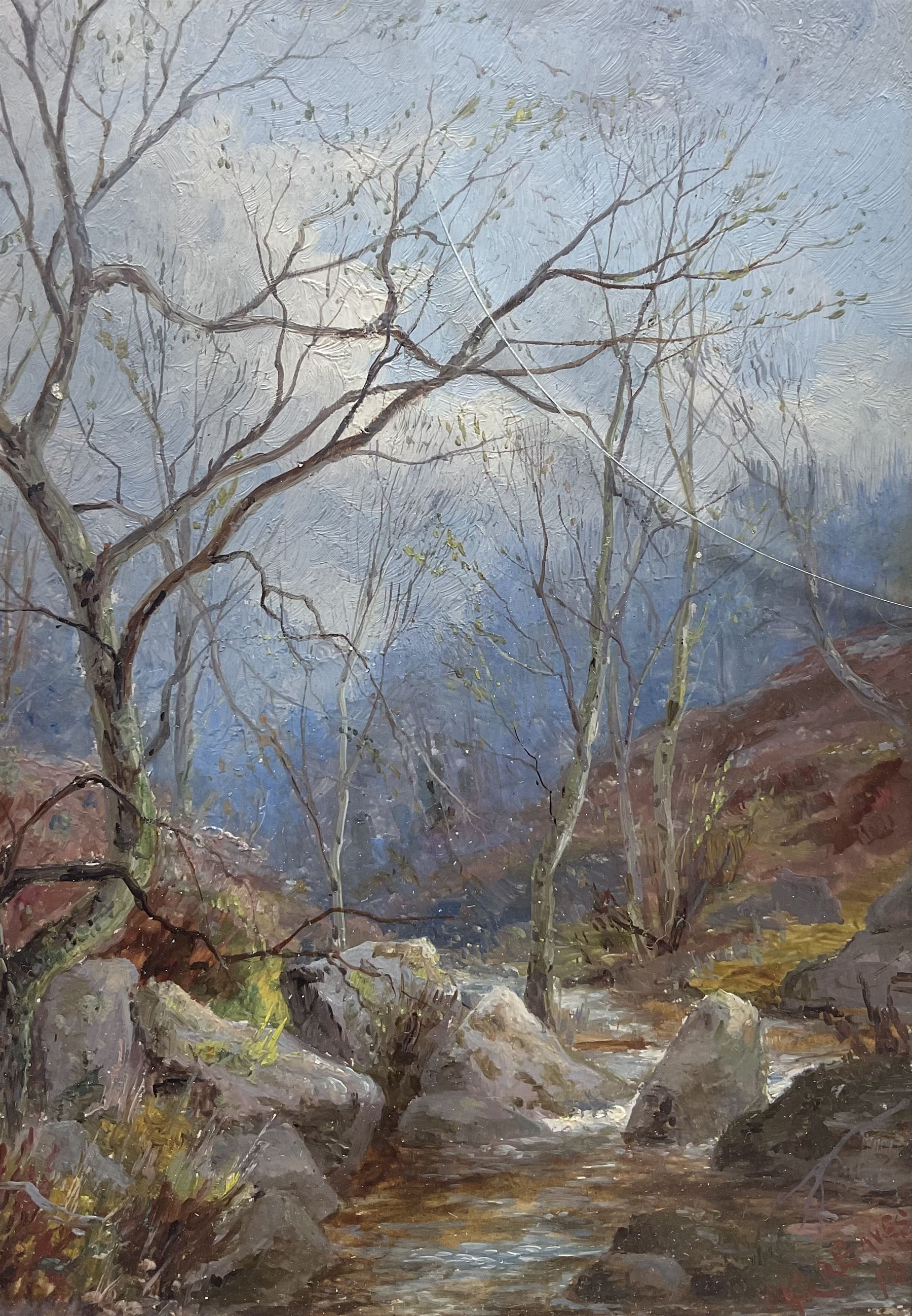 William Greaves (British 1852-1938): Woodland Stream, oil on board signed and dated '18, 17cm x 12cm