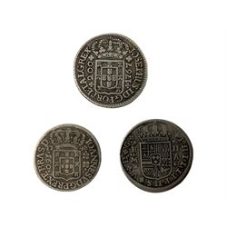 Philip V Spain 1721 two reals, Brazil 1748 one-hundred and sixty reis, Portugal 1767 two-hundred reis coin (3)