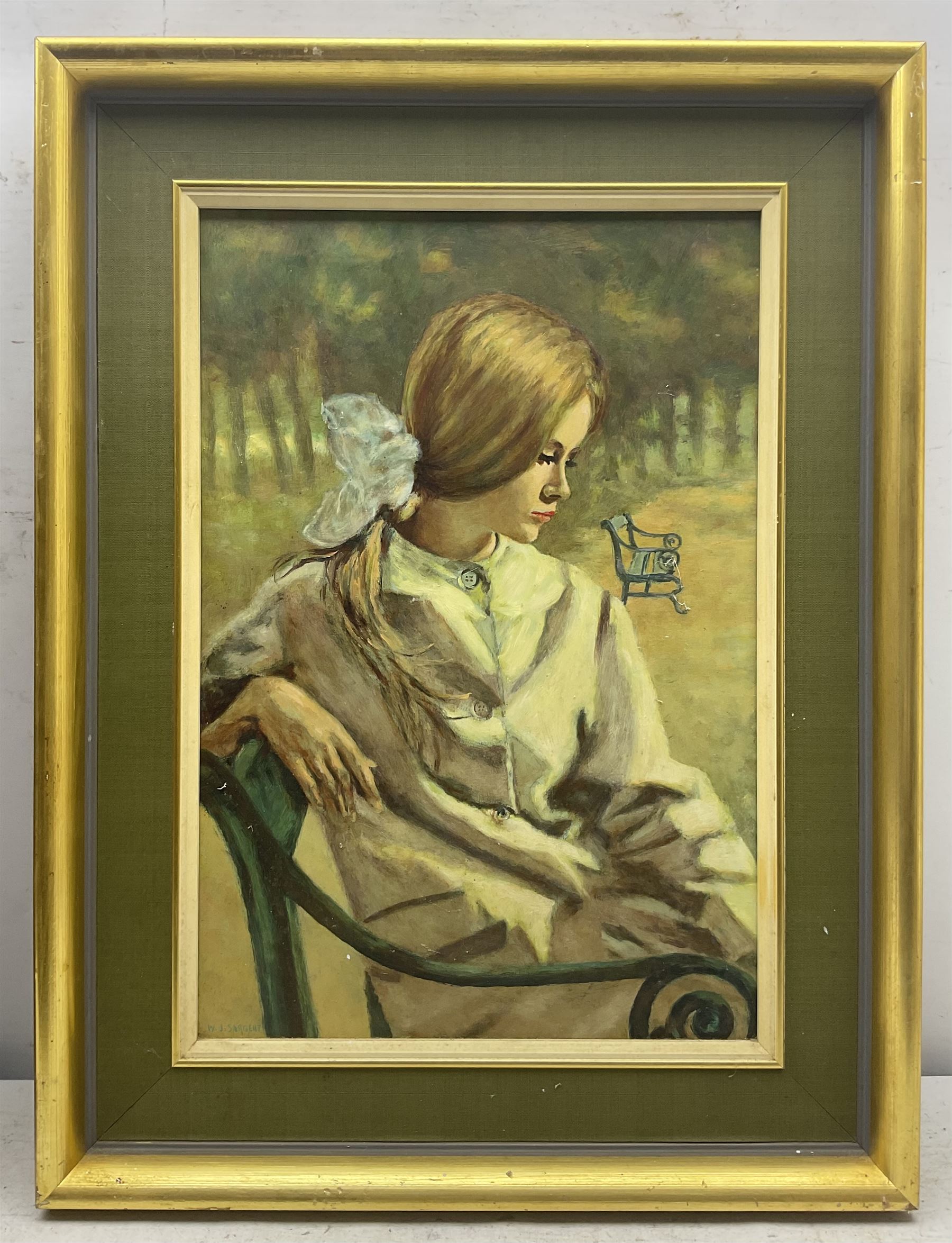 WJ Sargent (20th century): Lady at a Park Bench, oil on board signed 44cm x 30cm