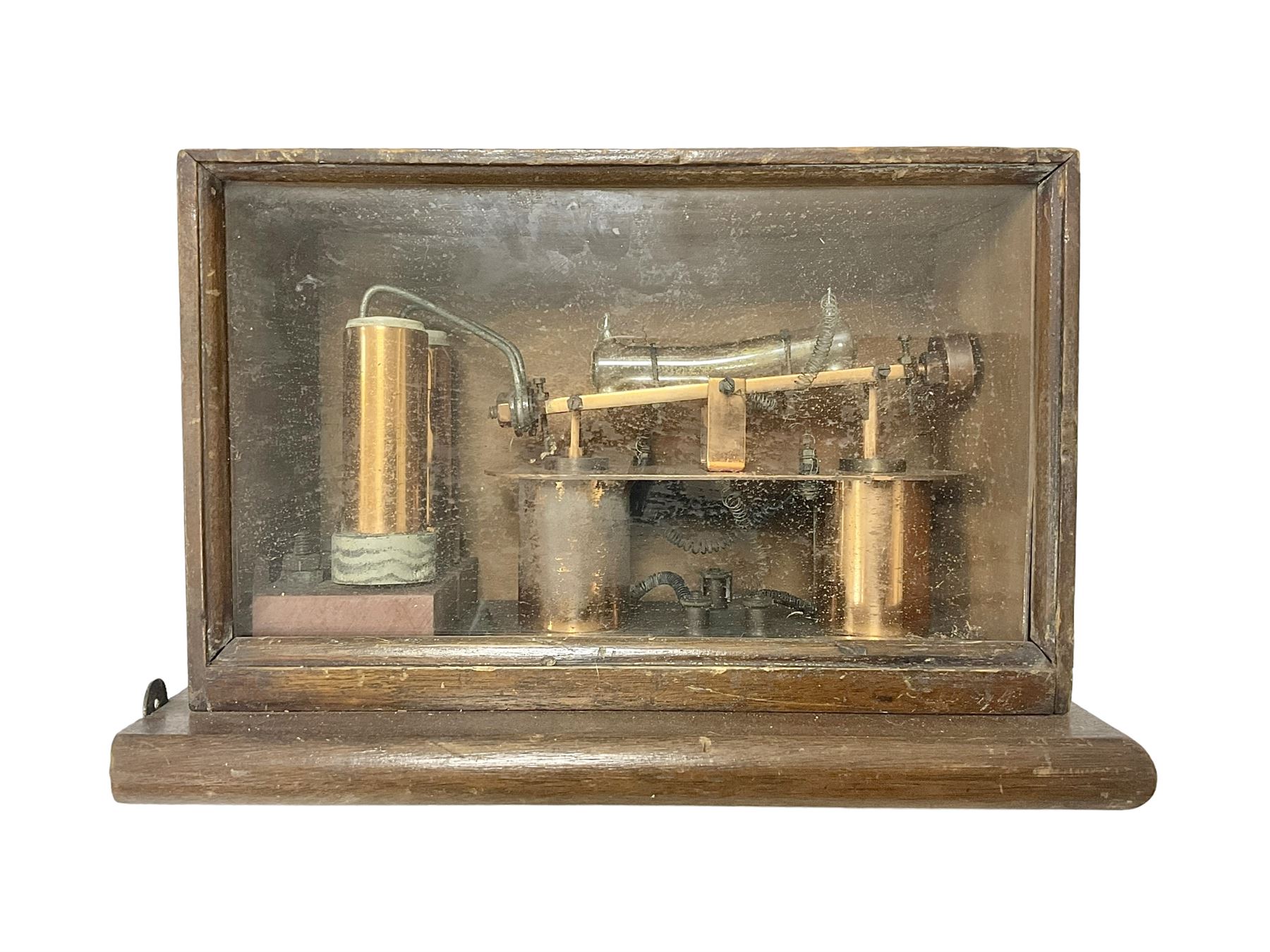 Early 20th century Automatic Temperature Control System, the polished copper body supporting a tube of liquid mercury, patent no 5311 dated 1912, attributed to John Grundy, within wooden box with glazed front panel, box H18.5cm