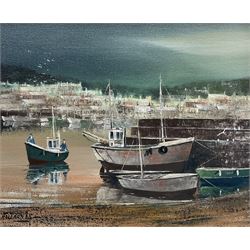 Nigel Hallard (British 1936-2020): Boats Resting in the Harbour, oil on canvas signed and ...