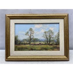 James Wright (British 1935-): 'Birch Farm' 'Ploughing Team' 'Time for Rest' 'South Mill' 'Copley Thorns' Norfolk Landscapes, set of five oils on board signed, titled on labels verso max 17cm x 27cm (5)