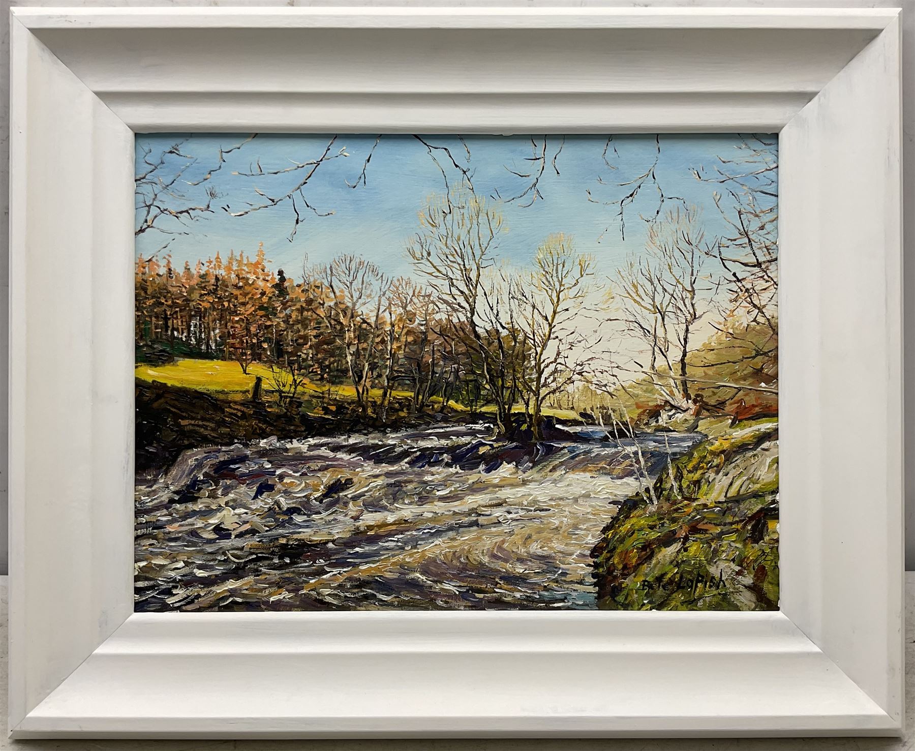 Peter Lapish (British 1937-): 'River Wharfe below Appletreewick', oil on canvas board signed, titled verso 29cm x 39cm