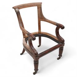 Regency mahogany and hardwood-framed library chair, curved and rolled cresting rail over s...