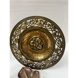 Keswick School of Industrial Arts, flared vase of cylindrical form, together with an Arts and Crafts plated copper, an embossed tray, copper dishes and charger 