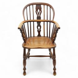 19th century elm and ash Windsor armchair, double hoop and stick back with shaped and pier...