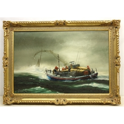  Peter Gerald Baker (British 20th century): 'Lifeboat Helen Wycherley from Courtmacsherry County Cork Ireland shooting a line to a disabled Yacht in the Fasnet Race 1979', oil on canvas signed 49cm x 75cm  DDS - Artist's resale rights may apply to this lot    