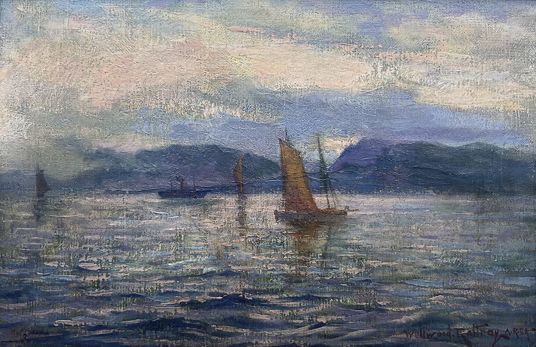 Alexander Wellwood Rattray ARSA (Scottish 1849-1902): Boats at Dusk, oil on canvas signed 29cm x 44cm