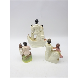  Three Staffordshire Uncle Tom & Eva groups, the first modelled with the two figures standing in a boat, H32cm, second seated reading with printed extracts to the base and another similar (3) Provenance: From a Private Yorkshire Collector  
