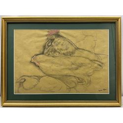 Georges Henri Manzana-Pissarro (French 1871-1961): Study of Hens, charcoal on buff paper highlighted with watercolour and crayon signed with the Artist's Stamp 33cm x 48cm