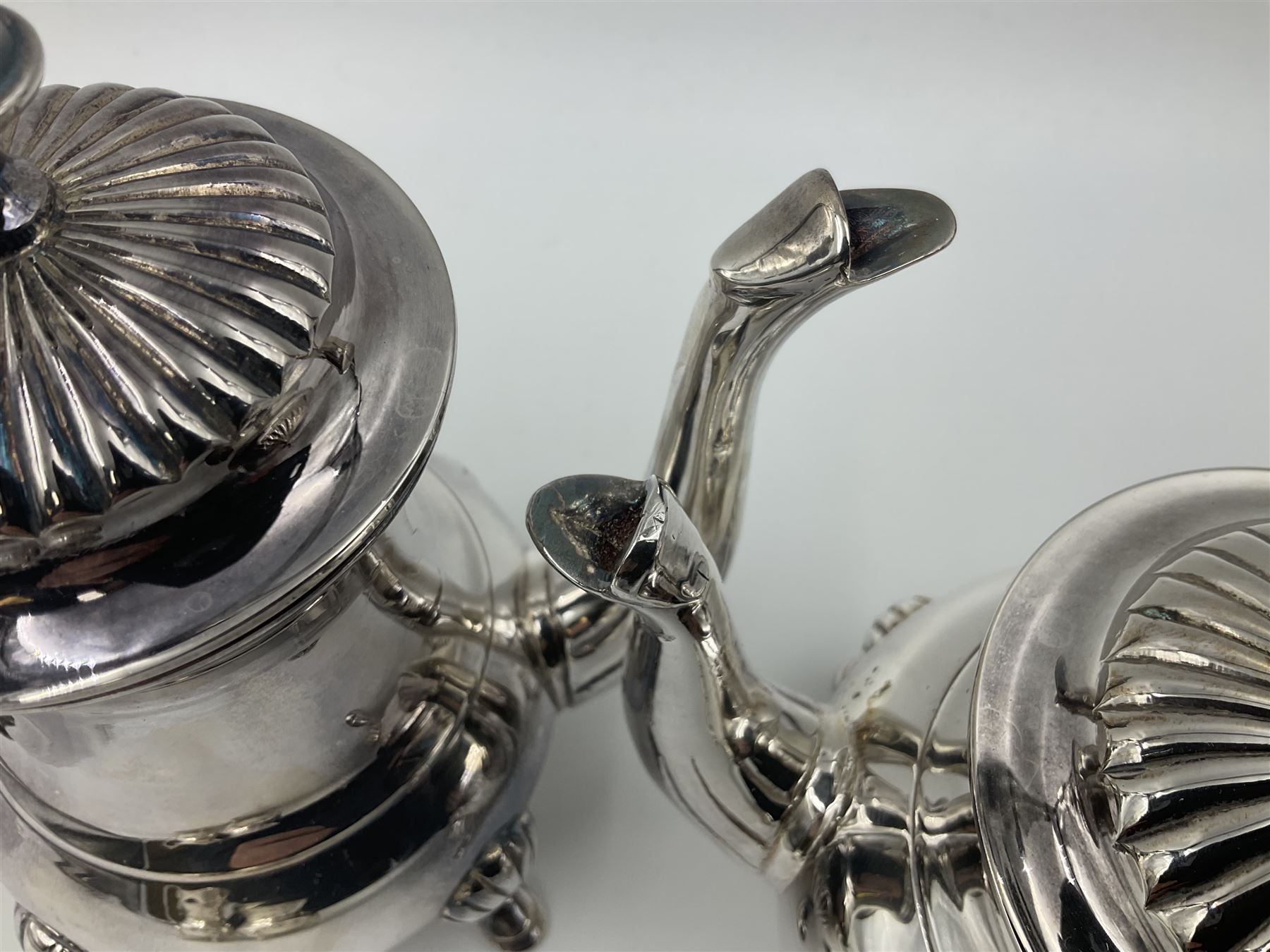 Miniature silver plated four piece tea service, comprising coffee pot, teapot, milk jug and sugar bowl, stamped GRC EPNS beneath, coffee pot H16cm