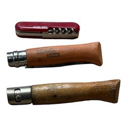 Large collection of pen knives and multi tools, including examples by Opinel, Swiss Army S...