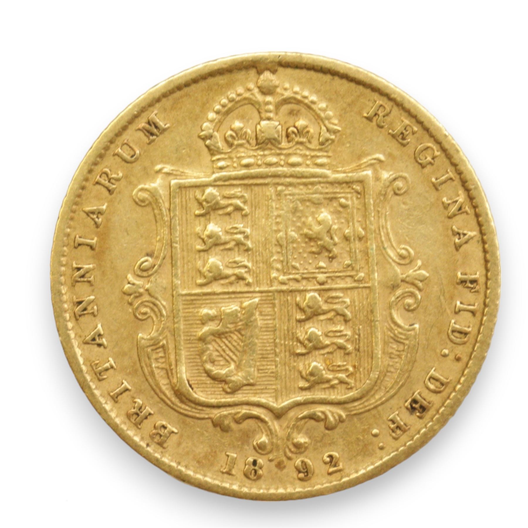 Queen Victoria 1892 gold half sovereign coin, shield back