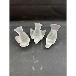 A set of three Lalique frosted glass models of birds, all engraved Lalique France, tallest example H9cm